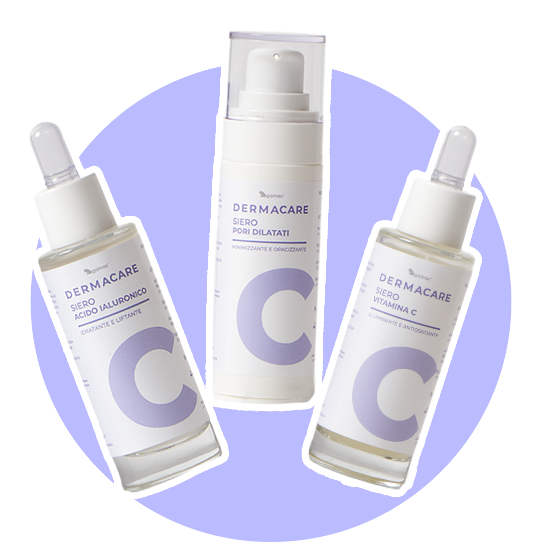 Bollino di colore lilla con collage di prodotti per skincare. 