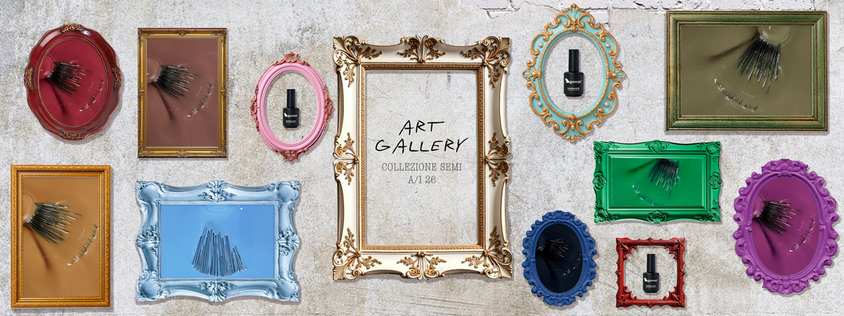 Banner collezione Art Gallery smalti semipermanenti Gamax autunno inverno con cornici d'epoca e palette colori