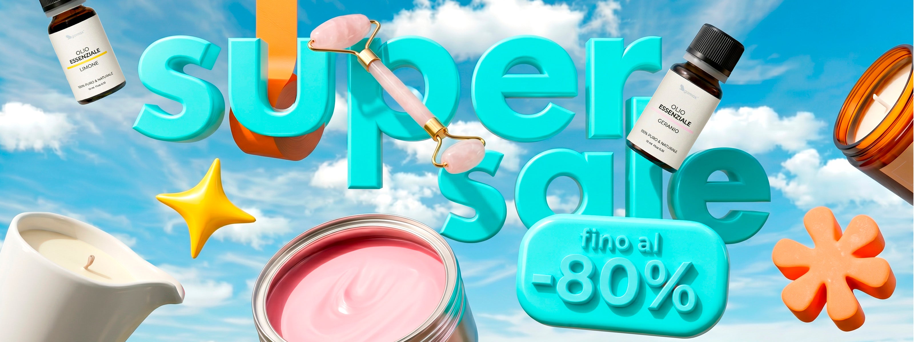 Banner promozionale orizzontale con la grande scritta tridimensionale "super sale" in color turchese su uno sfondo di cielo nuvoloso. In primo piano e fluttuanti nell'aria ci sono prodotti di estetica: un rullo di giada rosa, due boccette di olio essenziale Gamax (gusto limone e geranio), candele profumate, un vasetto di crema rosa e icone colorate a forma di stella e fiore. In basso a destra spicca un cartellino turchese con la scritta "fino al -80%"