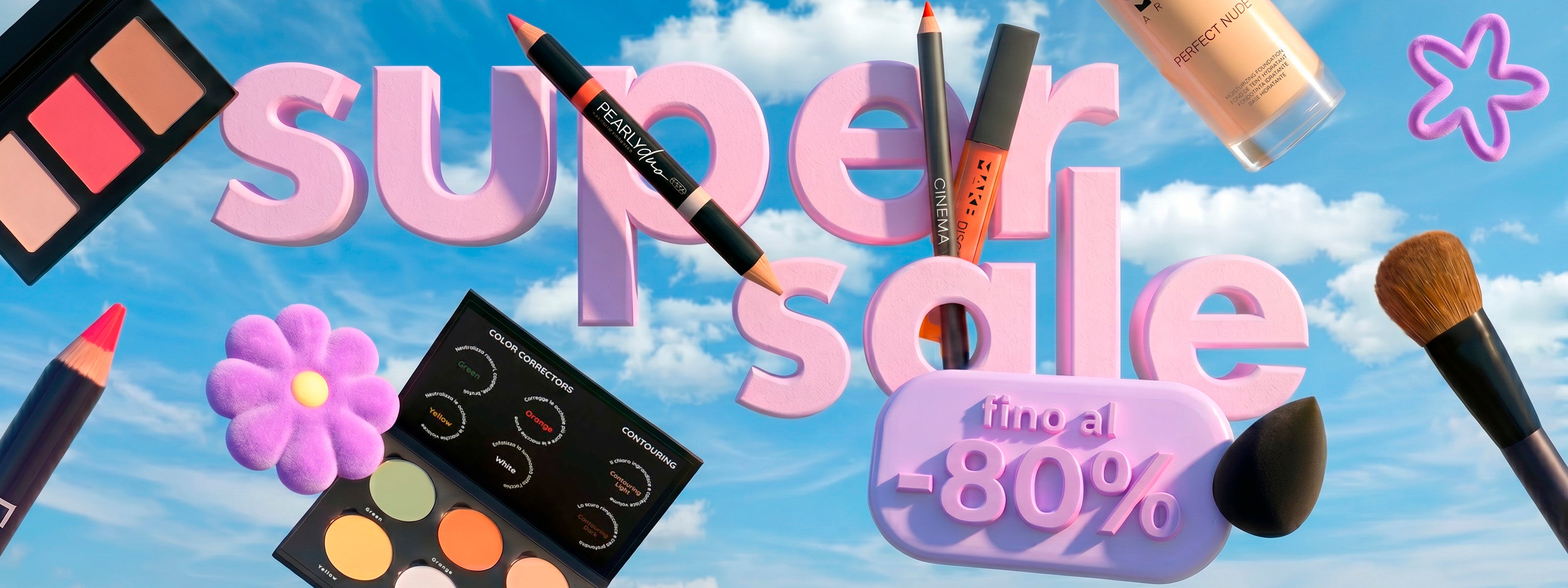 Banner pubblicitario orizzontale per sconti sul make-up. Sullo sfondo di un cielo azzurro risalta la scritta 3D "super sale" in rosa confetto, affiancata da un badge con scritto "fino al -80%". Intorno alla scritta fluttuano una tavolozza di correttori colorati, una palette di blush, matite labbra ed occhi, un tubetto di fondotinta liquido "Perfect Nude", un pennello da trucco e una spugnetta beauty blender nera