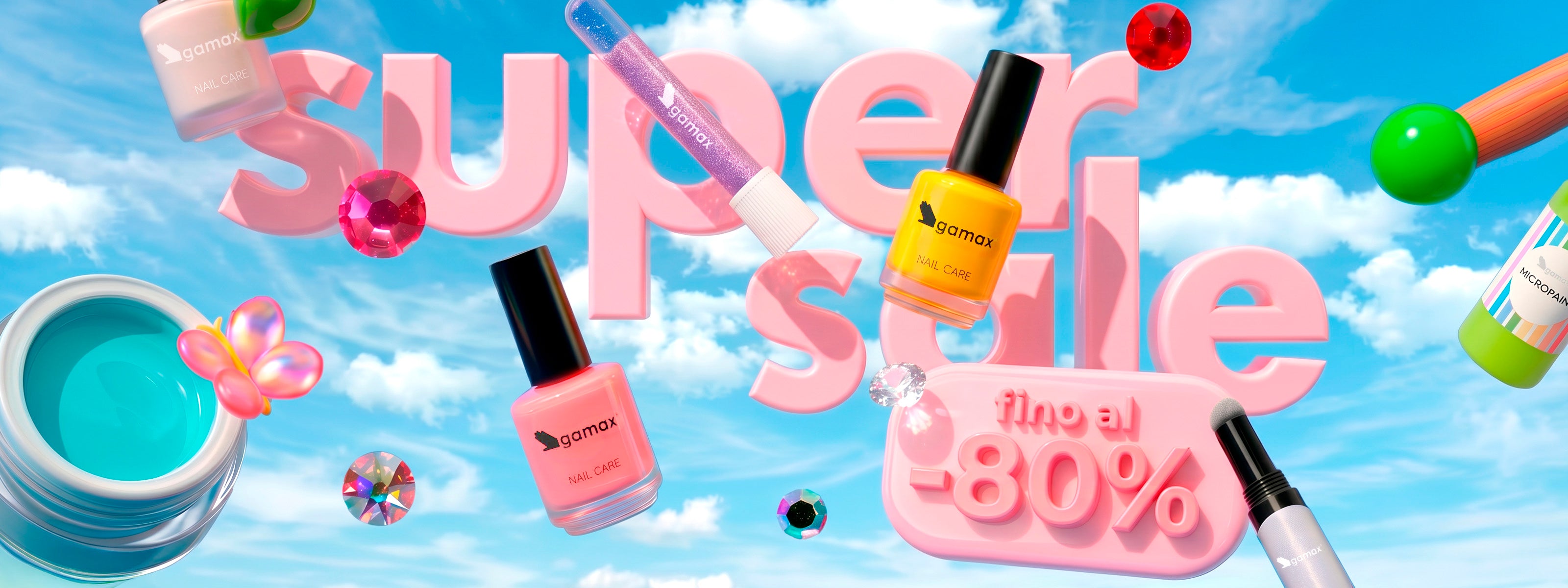 Banner promozionale incentrato su prodotti per la cura delle unghie. La scritta rosa tridimensionale "super sale" domina il centro dell'immagine con un cartellino che indica "fino al -80%". Fluttuano nel cielo boccette di smalto Gamax dai colori vivaci (giallo e corallo), un tubetto di glitter viola, strass luminosi, un barattolo di gel azzurro e un applicatore per nail art