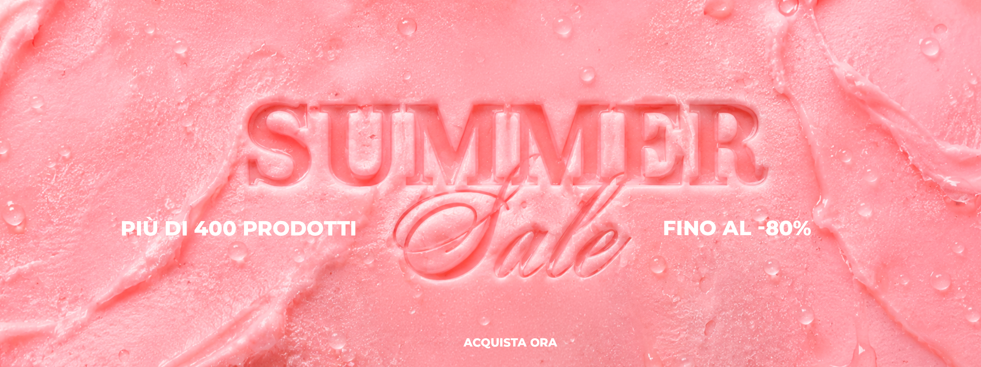 Banner e-commerce orizzontale per i saldi estivi con scritta Summer Sale su sfondo texture simil gelato rosa, più di 400 prodotti scontati fino al -80%, acquista ora